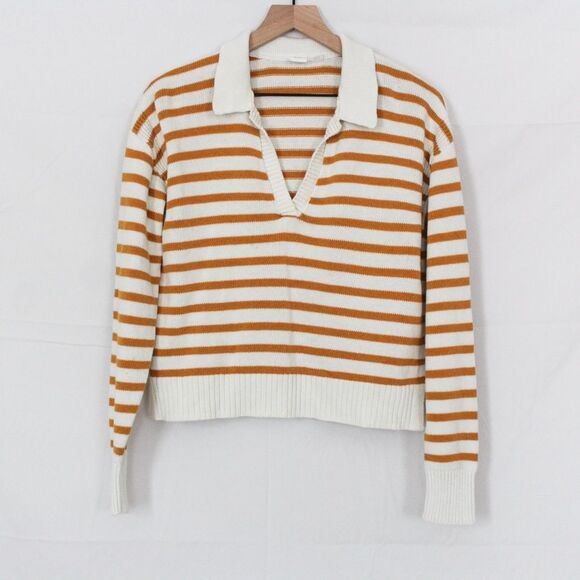 GAP Split Hem V-Neck Orange and White Striped Long Sleeve Polo Sweater  XS - Picture 1 of 8